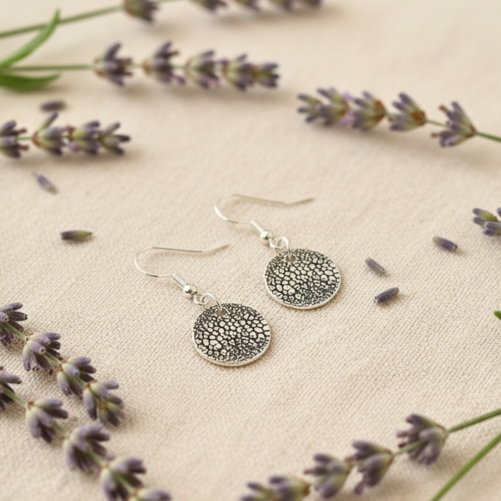 Round dog nose print earring laid on textured cream cloth with sprigs of lavender.