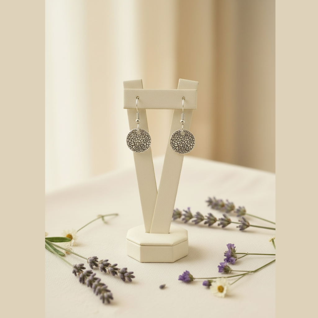 Dog nose print earring on a cream stand, surrounded with sprigs of lavender. cream background