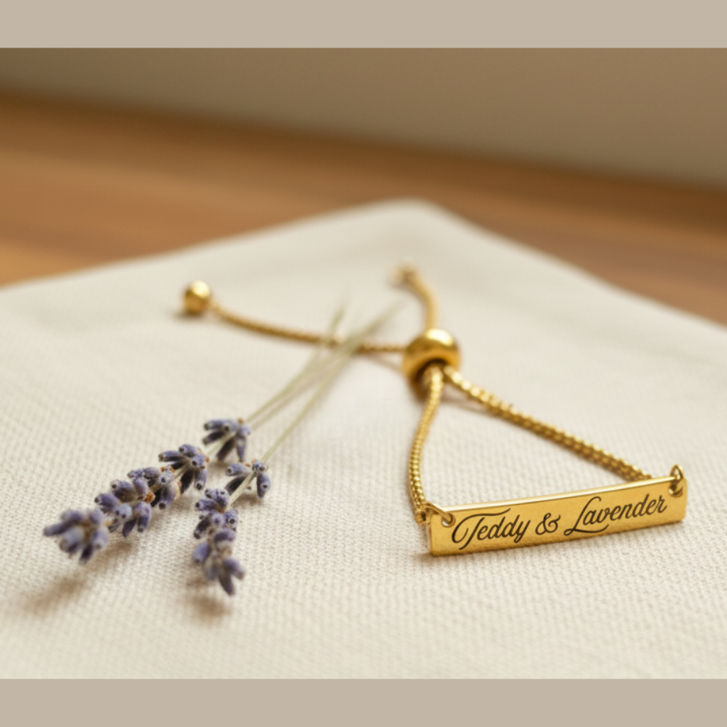 Adjustable gold colour bracelet with  Teddy and Lavender engraved on the bar of the bracelet, with a sprig of lavender.