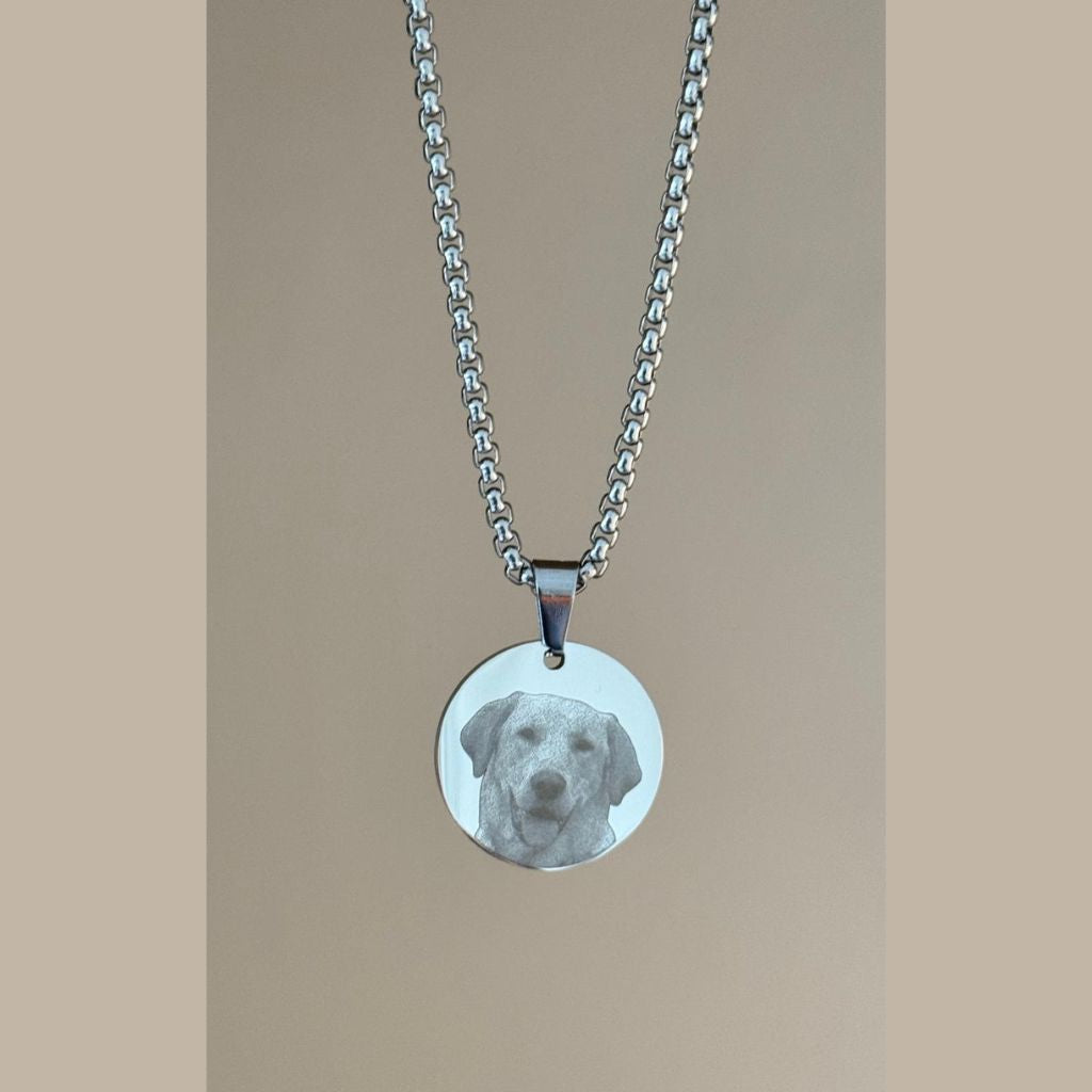 Video of a silver  chain necklace with a round pendant featuring a custom engraved pet portrait, shown against a solid beige background. swinging back and forth