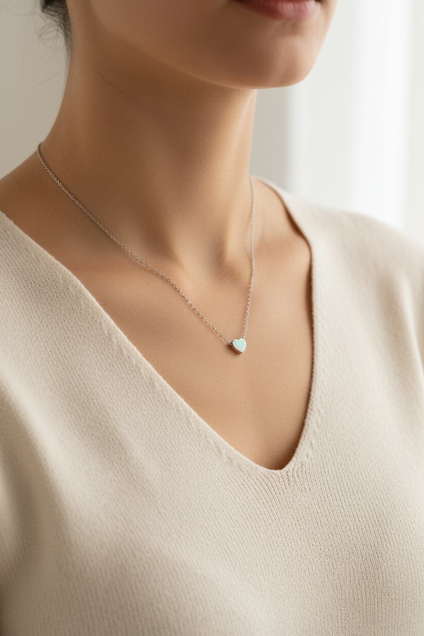 A delicate silver chain necklace with a small, heart-shaped pendant, around a woman neck